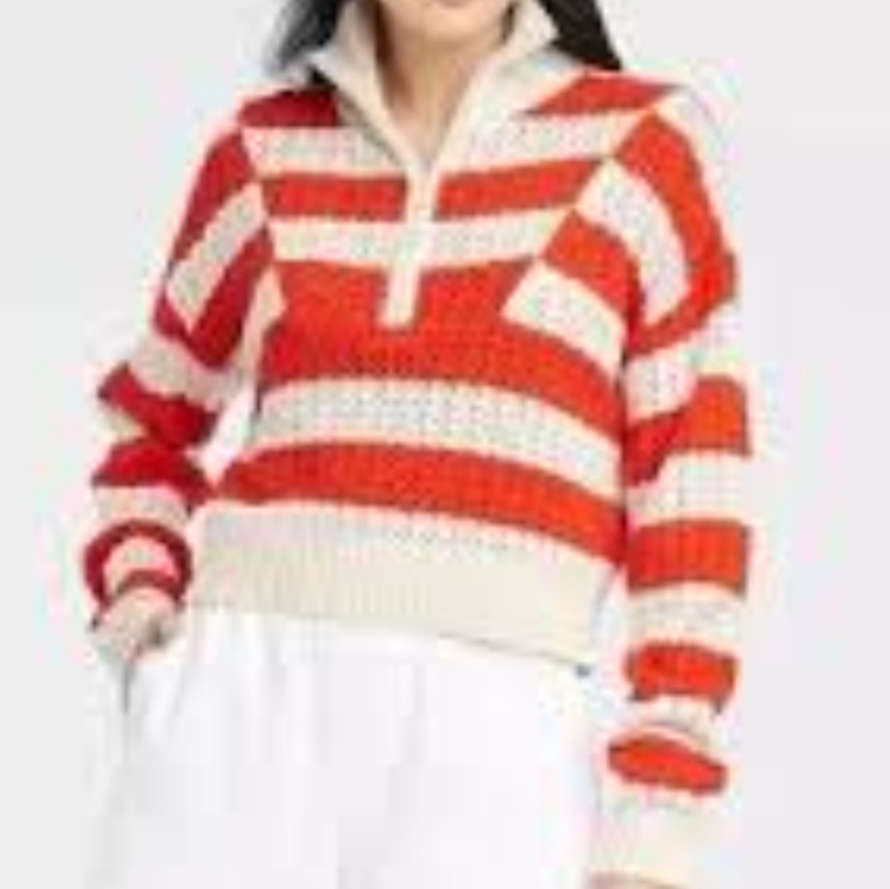 Women's A New Day Red Beige Striped Quarter-Zip Sweater M